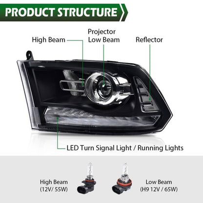 Solid Spare Clear Black Projector Headlights w/LED DRL Fit For 2009-2018 Ram 1500 2500 3500
