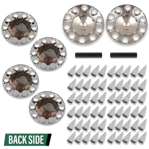 Solid Spare Chrome Hub Cover Kit 33mm Front & Rear Semi Truck Wheel Axle Covers Spiked