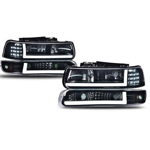Solid Spare LED DRL Headlights+Bumper Lamps Black Fit For 99-02 Chevy Silverado 00-06 Tahoe