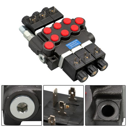 Solid Spare Double Acting 3600 PSI 3 Spool Solenoid 12V DC Hydraulic Control Valve 13 GPM