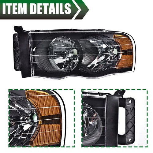 Solid Spare Clear Lens Black Housing Headlights Fit For 2002-2005 Dodge Ram 1500 2500 3500
