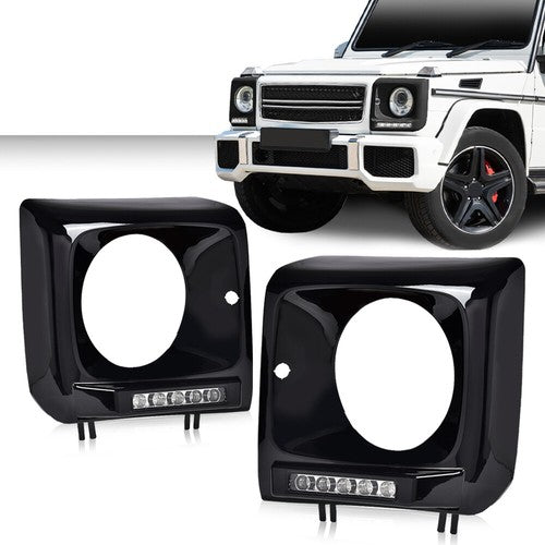 Solid Spare Fit For 1990-2018 Benz W463 G63 Wagon G500 Black Headlight Trim Bezel w/ LED DRL