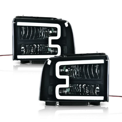 Solid Spare Fit For 2005-07 Ford F250 F350 Super Duty [LED DRL Bar] Headlights Smoked/Clear