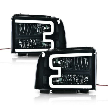 Solid Spare Fit For 2005-07 Ford F250 F350 Super Duty [LED DRL Bar] Headlights Smoked/Clear