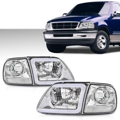 Solid Spare Chrome LED DRL Headlights+Corner Lights Fit For 97-03 Ford F150/99-02 Expedition