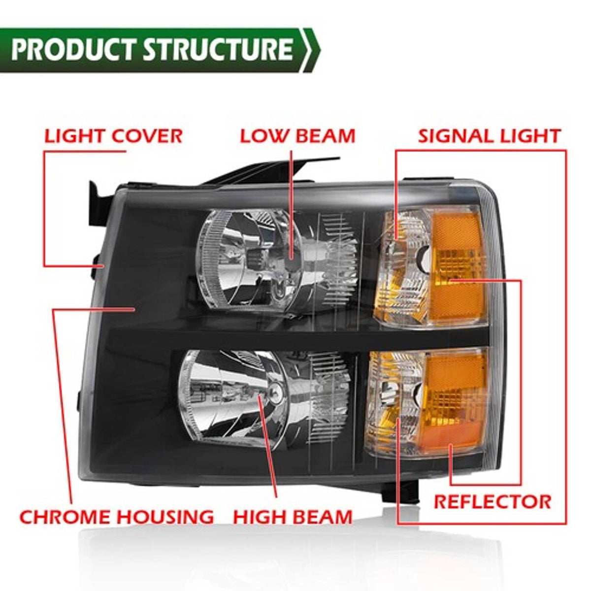 Solid Spare For 2007-2014 Chevy Silverado 1500 2500HD 3500HD Headlights Black Housing Pair
