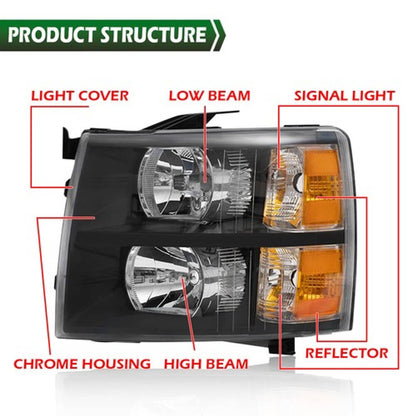 Solid Spare For 2007-2014 Chevy Silverado 1500 2500HD 3500HD Headlights Black Housing Pair