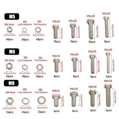 Solid Spare 408 Pieces M5 M6 M8 Bolts and Nuts Flat & Lock Washers Combination Kit