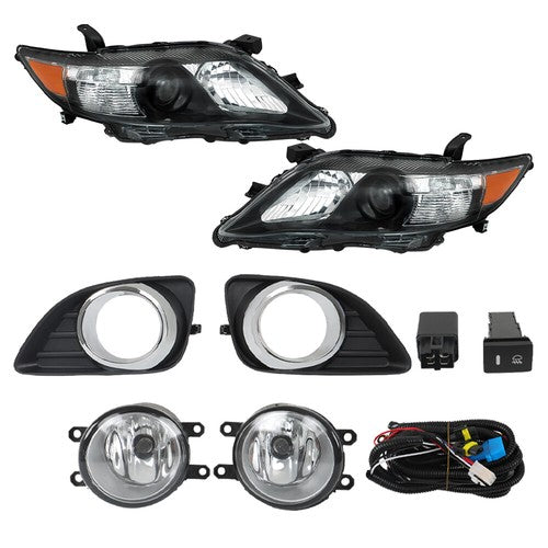 Solid Spare Headlights Black Fog Lights+Switch Kit For 10-11 Toyota Camry SE Left+Right Side
