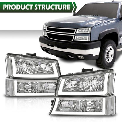 Solid Spare Fit For 03-06 Silverado 1500 2500 Chrome/Clear LED DRL Headlight+Tail Light