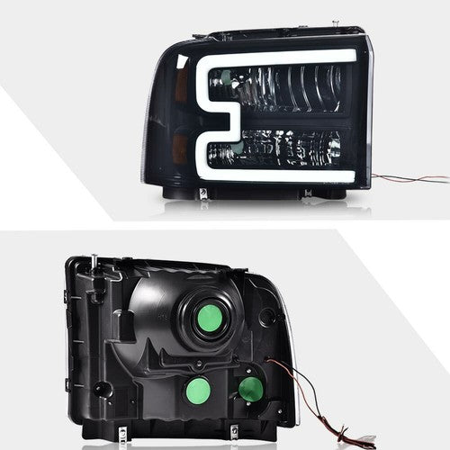 Solid Spare Fit For 05-07 Ford F250 F350 Super Duty LED DRL Smoke Lens Black Headlights