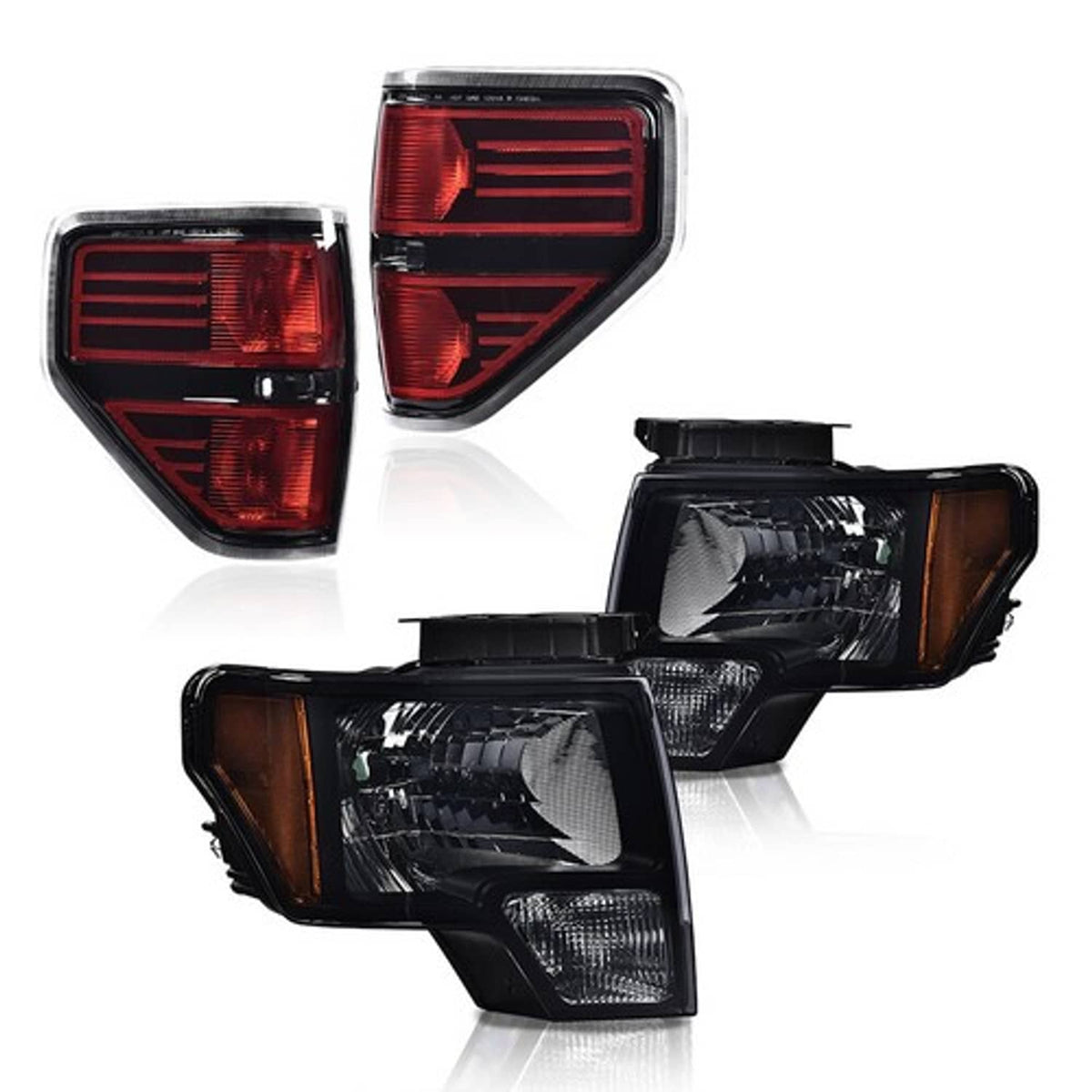 Solid Spare Fit For 2009-2014 Ford F-150 Smoked/Black Headlights + Tail Lights Brake Lamps