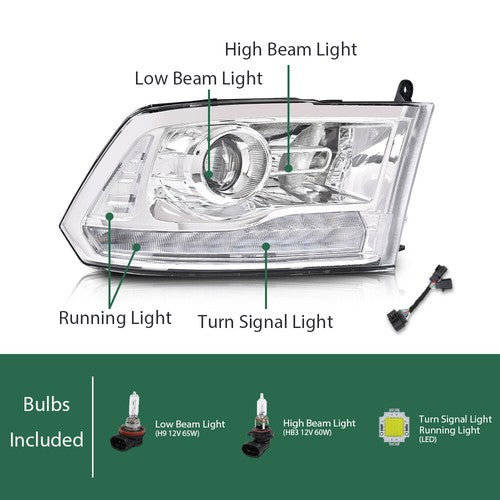 Solid Spare LED DRL Projector Headlights w/ Harness Fit For 09-18 Ram 1500 2500 3500 Chrome