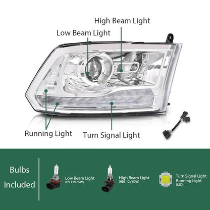 Solid Spare LED DRL Projector Headlights w/ Harness Fit For 09-18 Ram 1500 2500 3500 Chrome