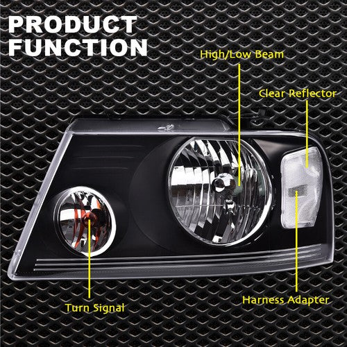 Solid Spare Fit 2004-2008 Ford F150 06-08 Lincoln Mark LT Black Headlights Lamps Left+Right
