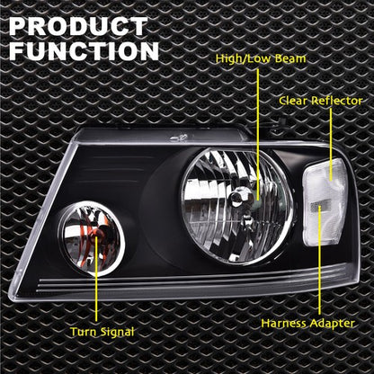 Solid Spare Fit 2004-2008 Ford F150 06-08 Lincoln Mark LT Black Headlights Lamps Left+Right
