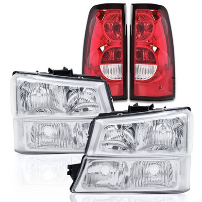 Solid Spare Fit For 2003-2006 Chevy Silverado Clear Corner Chrome Headlights+Red Tail Lights