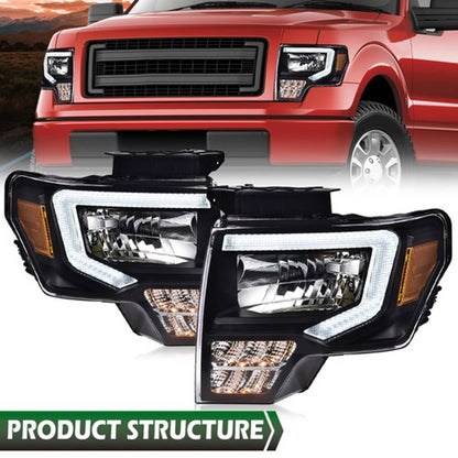 Solid Spare Headlights Fit For 2009-2014 Ford F-150 Black/Clear LED DRL Head Lamps Pair