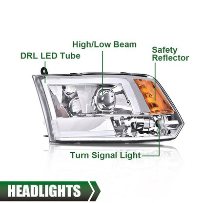 Solid Spare LED DRL Projector Headlights Chrome Fit For 2009-2018 Dodge Ram 1500 2500 3500