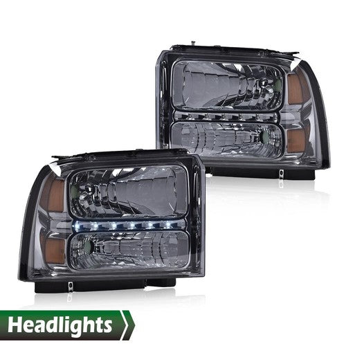 Solid Spare Fit For 2005-2007 F250 F350 F450 Super Duty LED DRL Headlights Headlamps Smoked