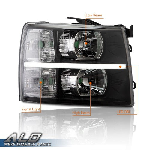 Solid Spare [LED DRL STRIP]FIT FOR 07-14 CHEVY SILVERADO BLACK HOUSING CLEAR CORNER HEADLIGH