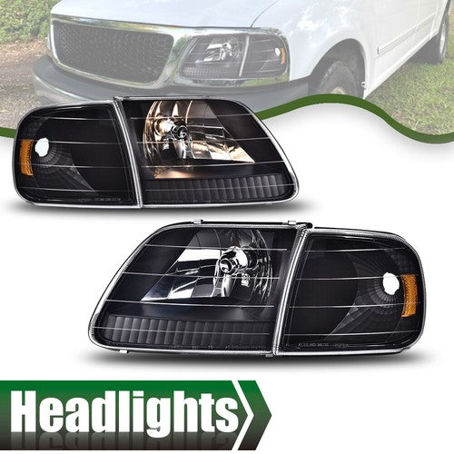 Solid Spare Amber Black Headlights & Corner Lights Fit For 1997-2003 Ford F150 Expedition