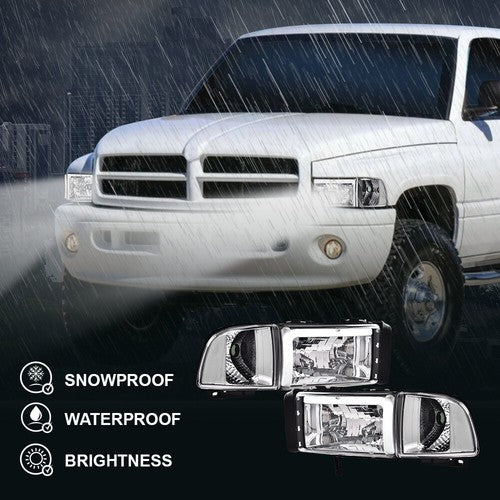 Solid Spare Fit For 94-02 Dodge Ram 1500 2500 3500 LED Headlights Corner Signal Lamps Chrome