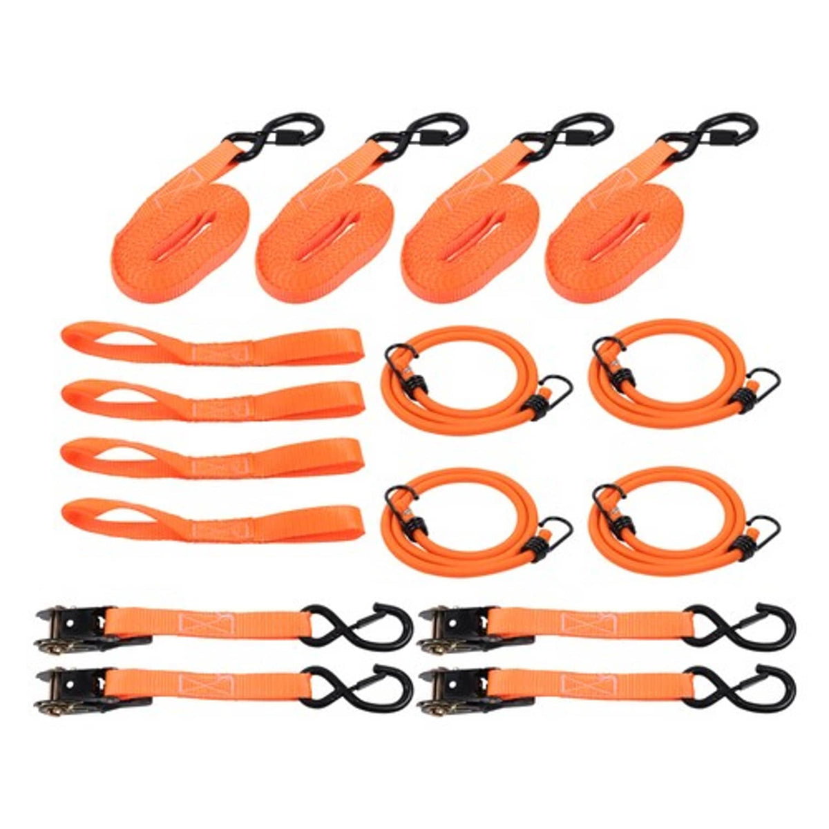 Solid Spare Ratchet Strap*4 Orange Polyester Fracture Strength 2200lbs 1in*15ft with S Hooks
