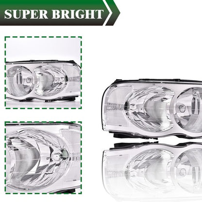 Solid Spare Clear Lens Chrome Housing Headlights Fit For 2002-2005 Dodge Ram 1500 2500 3500