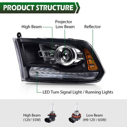 Solid Spare Fit For 2009-2018 Dodge Ram 1500 2500 3500 Black Projector Headlights w/ LED DRL
