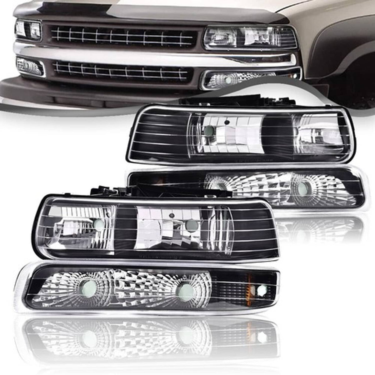 Solid Spare Fit For 1999-2002 Chevy Silverado/2000-2006 Suburban Black/Chrome Headlight Lamp