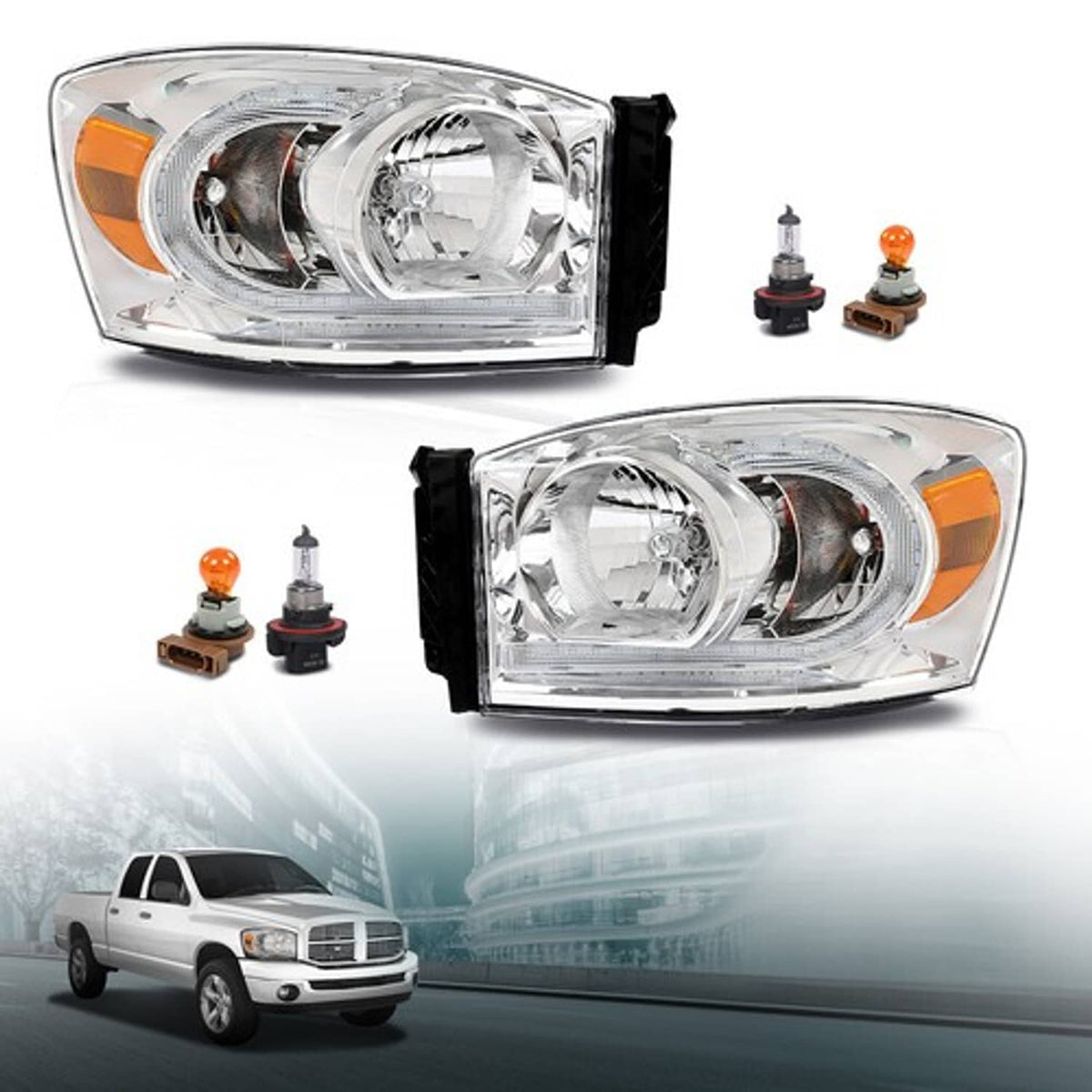 Solid Spare Fit For 06-09 Dodge Ram 1500 2500 3500 Clear/Chrome LED DRL Headlights Headlamps