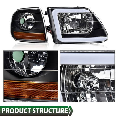 Solid Spare Fit For 97-04 F-150 Expedition LED DRL Headlights & Corner Lights Black/Clear