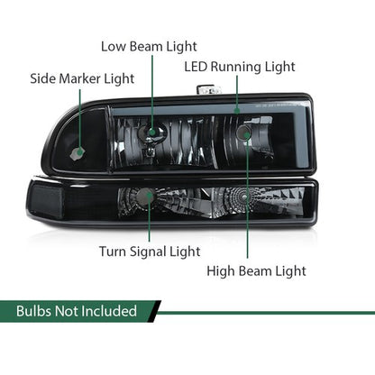 Solid Spare Fit For 1998-2004 Chevy S10 Blazer Smoke Lens Black Housing LED DRL Headlights