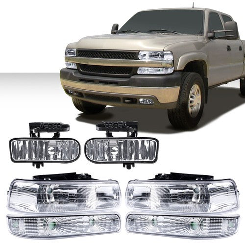 Solid Spare Fit For 99-02 Silverado/00-06 Suburban Chrome Clear Headlights + Fog Lights