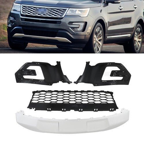 Solid Spare Compatible For 2016-2017 Ford Explorer Front Grille+Fog Light Frame*2+Skid Plate