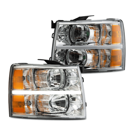 Solid Spare Fit For 07-14 Chevy Silverado 1500 2500 3500 Amber Chrome LED DRL Headlights