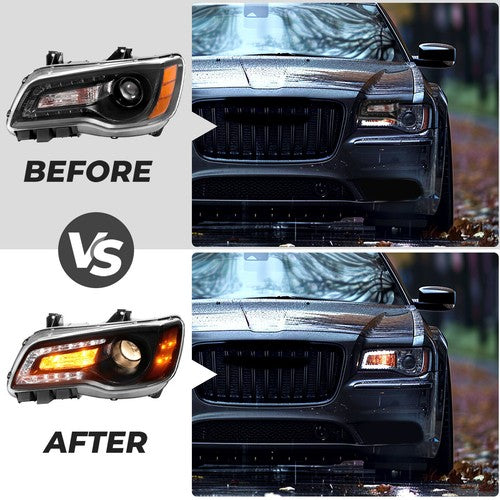 Solid Spare For 2011-2023 Chrysler 300 Black LED DRL Projector Headlights w/Bulbs Left&Right