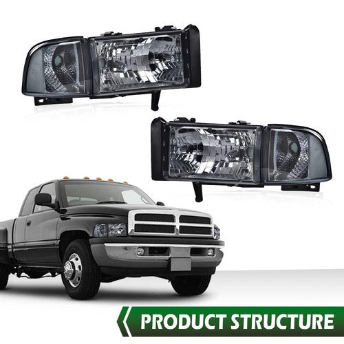 Solid Spare Fit For 94-02 Dodge Ram 1500 2500 3500 Smoke Lens Clear Corner Headlights