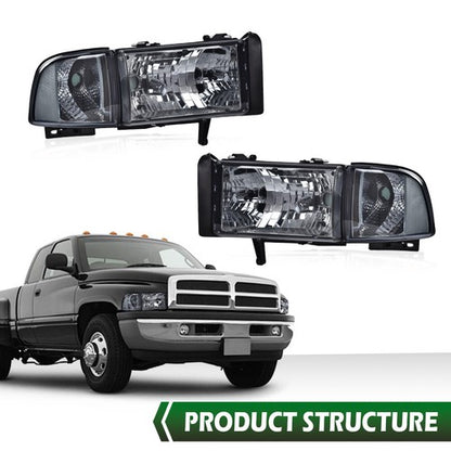 Solid Spare Fit For 94-02 Dodge Ram 1500 2500 3500 Smoke Lens Clear Corner Headlights