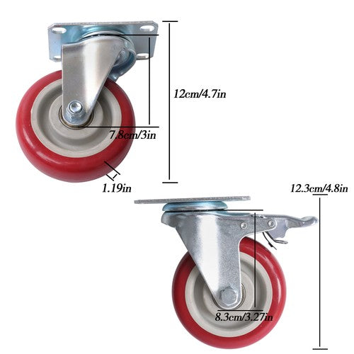 Solid Spare 4 pcs 4-inch Universal Caster Wheels red (2 with brakes and 2 without brakes)