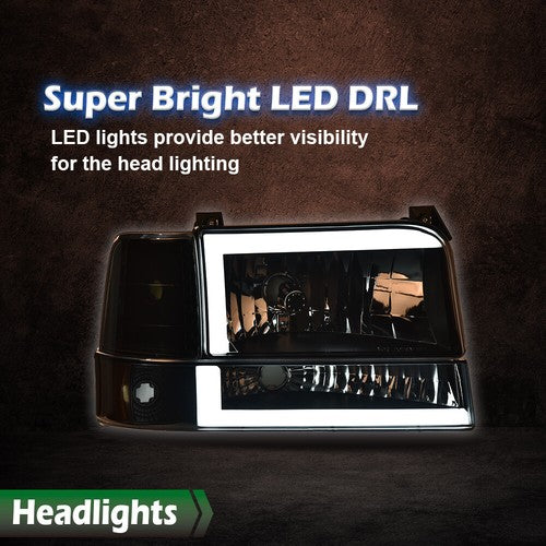 Solid Spare LED DRL Smoke/Black Headlights Bumper Lamps New Fit For 92-96 Ford F-150 Bronco
