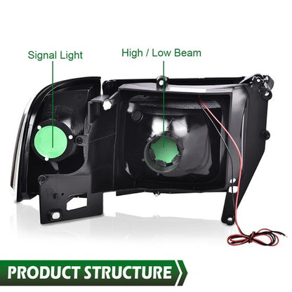 Solid Spare Fit For 1994-2002 Dodge Ram 1500 2500 3500 Smoke/Amber LED Tube Headlights
