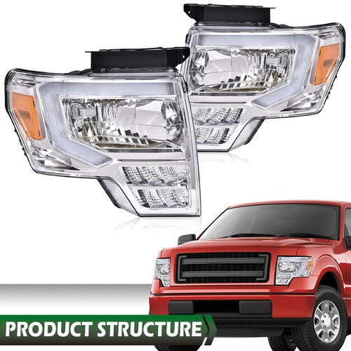 Solid Spare Fit For 2009-2014 Ford F-150 Amber Corner Chrome Housing LED DRL Headlights