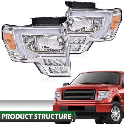 Solid Spare Fit For 2009-2014 Ford F-150 Amber Corner Chrome Housing LED DRL Headlights