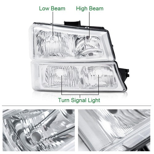 Solid Spare Fit For 2003-2007 Chevy Silverado/Avalanche Clear Chrome Headlights+Fog Lights