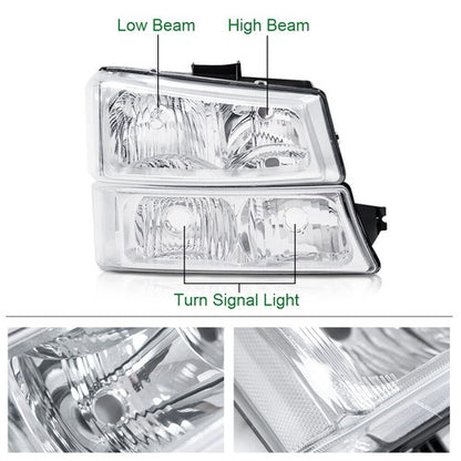 Solid Spare Fit For 2003-2007 Chevy Silverado/Avalanche Clear Chrome Headlights+Fog Lights