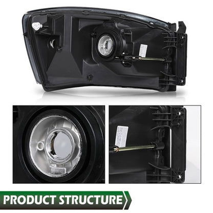 Solid Spare Fit For 06-09 Dodge Ram 1500 2500 3500 Smoke Black Headlights Headlamps