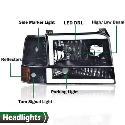Solid Spare LED DRL Smoke/Black Headlights Bumper Lamps New Fit For 92-96 Ford F-150 Bronco