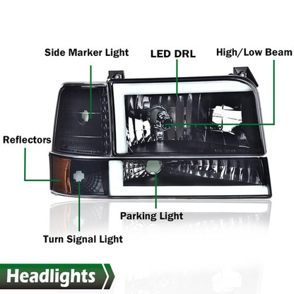 Solid Spare LED DRL Smoke/Black Headlights Bumper Lamps New Fit For 92-96 Ford F-150 Bronco